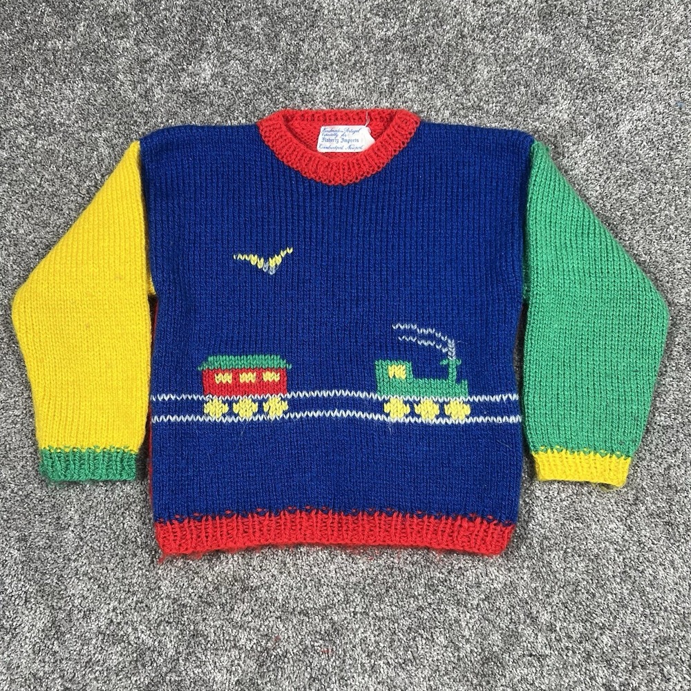 VTG 1970s Flaherty Imports Hand Knit Child Train Sweater Colorblock Kidcore 4-5T